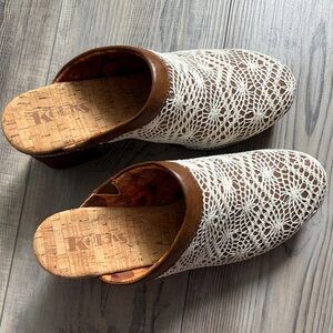 Kork-Ease White Crochet Slip-On Mules with Brown Trim